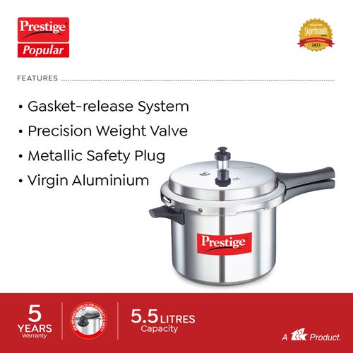 Prestige Popular Virgin Aluminium Precision Weight Valve Pressure Cooker, 5.5 L (Silver)