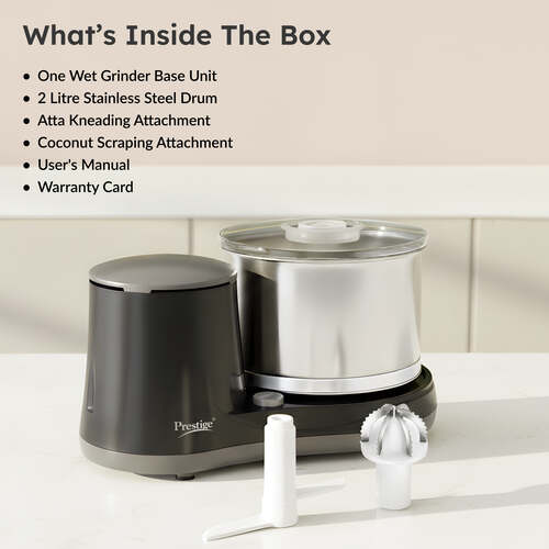 Prestige Ultima Pro 2 Litre Table Top Wet Grinder |200 Watts Heavy Duty Motor|Coconut Scraper Attachment|Atta Kneader Attachment|Stainless Steel Drum|2 Years Warranty|Silver & Black