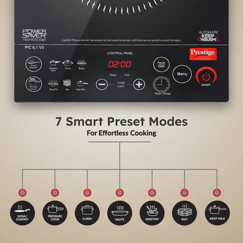 Prestige PIC 6.1 V3 2200 Watts Induction Cooktop with Indian Menu Options | Dual Heat Sensor