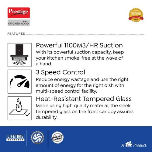 Prestige Tampa 900 KitchenHood with Auto Clean Function - Angular Suction - 1100m3/hr