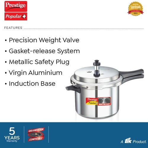 Prestige Popular Plus 5 L, 3 L Outer Lid Induction Bottom Pressure Cooker (Aluminium)