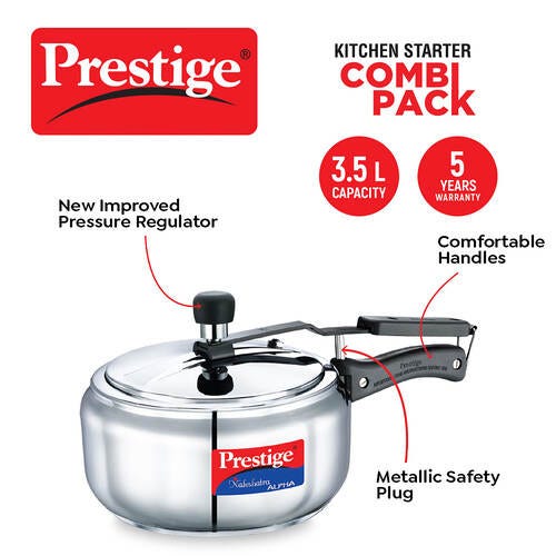 Prestige Nakshatra Alpha Gas and Induction Compatible Pressure Cooker (3.5 L) + Platina Popular Kadai with Glass Lid, 22 cm (2.25 L) Kitchen Set