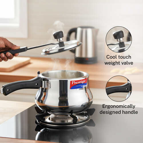 Prestige 3.5 Litre Stainless Steel Nakshatra Alpha Svachh Inner Lid Pressure Cooker | Handi | Deep Lid for Spillage Control | TRIPLY Base | Safety Plug | Gas & Induction Compatible | 5Y Warranty | ISI