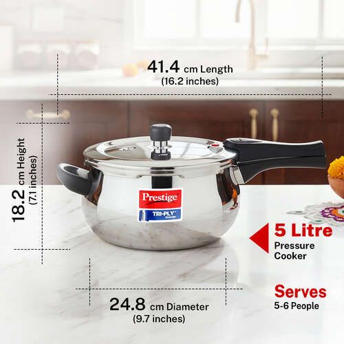 Prestige 5 Litre TRIPLY Svachh Outer Lid Pressure Cooker | Handi | Deep Lid for Spillage Control | Gas & Induction Compatible | Gasket Release System | Visual Pressure Indicator | 5Y Warranty | ISI