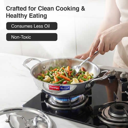 Prestige 22cm/2.1L Tri-Ply Stainless Steel Splendid Kadai with Lid|Gas and Induction Compatible|Even Heat Distribution| Thick Gauge Tri-Ply Body| Perma Cool Handles|15 Year Warranty