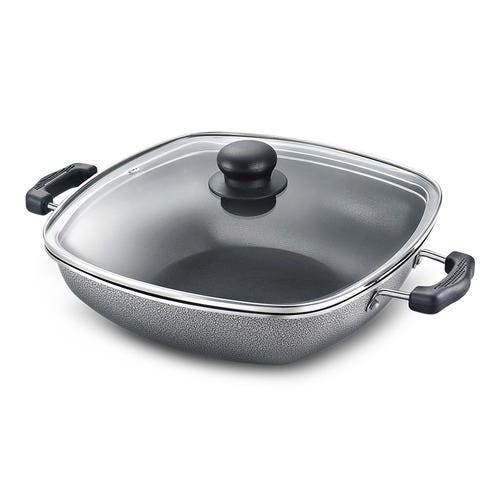 Prestige Omega Select Plus Aluminium Non-stick Coating Square Base Kadai with Glass Lid, (Black)