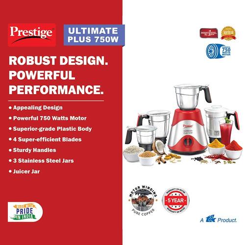 Prestige Ultimate Plus 750 W Mixer Grinder, 4 Jars (1600 ml, 1500 ml, 1300 ml, 700 ml) (Red, Silver)