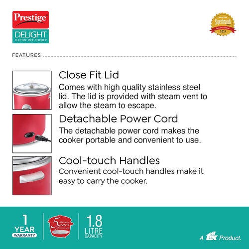 PRESTIGE DELIGHT ELECTRIC RICE COOKER PROK 1.8 SS (SILKY RED) (1.8L OPEN TYPE, WITH STAINLESS STEEL COOKING PAN -1 UNIT)