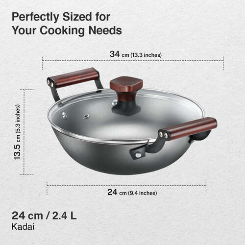 Prestige Lightweight Cast Iron Kadai 24cm/2.4L with Glass Lid | Castlite Series | Durable & Easy to Clean | Enamel Coated | Gas & Induction Compatible | 15Y Product Warranty