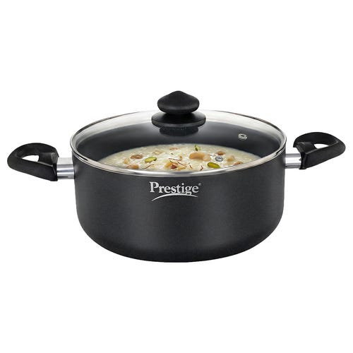 Prestige Omega Deluxe Granite Non-stick Round Base Sauce Pan with Glass Lid (Black) 26 cm