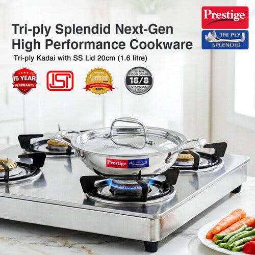 Prestige 20cm/1.6L Tri-Ply Stainless Steel Splendid Kadai with Lid|Gas and Induction Compatible|Even Heat Distribution| Thick Gauge Tri-Ply Body| Perma Cool Handles|15 Year Warranty