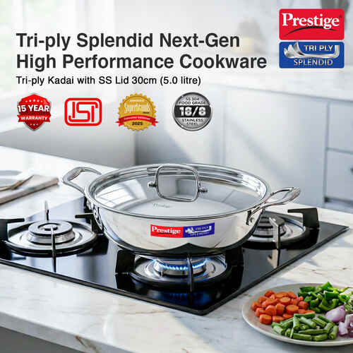 Prestige 30cm/5.0L Tri-Ply Stainless Steel Splendid Kadai with Lid|Gas and Induction Compatible|Even Heat Distribution| Thick Gauge Tri-Ply Body| Perma Cool Handles|15 Year Warranty