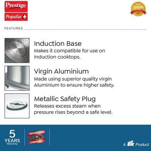 Prestige Popular Plus 3 L, 2 L Outer Lid Induction Bottom Pressure Cooker (Aluminium)