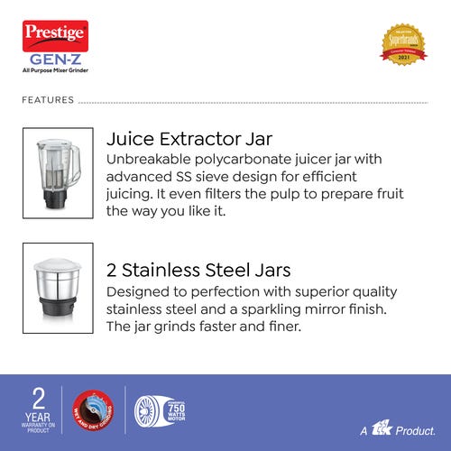 Prestige GEN-Z 750 W All Purpose Juicer Mixer Grinder, 4 Jars (1500 ml, 1500 ml, 500 ml) (Black)