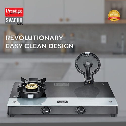 Prestige Svachh Duo Toughened Glasstop Gas Stove with Liftable Burners (Black)
