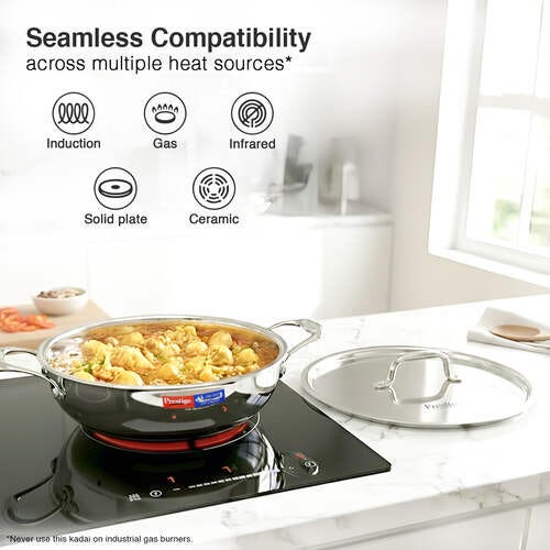 Prestige 26cm/3.2L Tri-Ply Stainless Steel Splendid Kadai with Lid|Gas and Induction Compatible|Even Heat Distribution| Thick Gauge Tri-Ply Body| Perma Cool Handles|15 Year Warranty