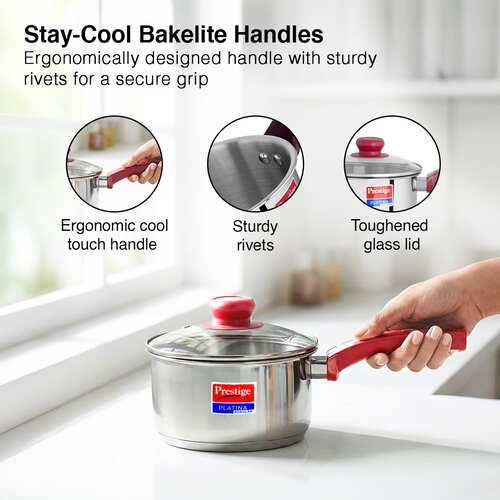 Prestige Platina Popular Stainless Steel Unique Impact Forged Bottom Sauce Pan with Glass Lid, 14cm (1 L) (Silver)