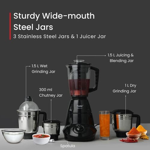 Prestige Iris 750 Watt Mixer Grinder with 4 Jars (3 Stainless Steel + 1 Juicer) | Super Efficient SS Blades | Black | 2Y Warranty | ISI Certified