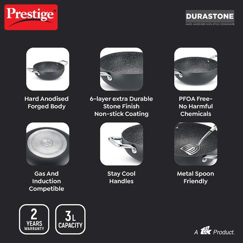 PRESTIGE DURASTONE HARD ANODISED NON-STICK COOKWARE DEEP KADAI 24cm (3 LITRE) WITH GLASS LID
