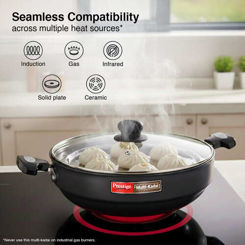 Prestige Hard Anodised Induction Base Multi-Kadai with Glass Lid (Dhokla Plate, Patra Plate, Idli Plates), 28cm (Black)