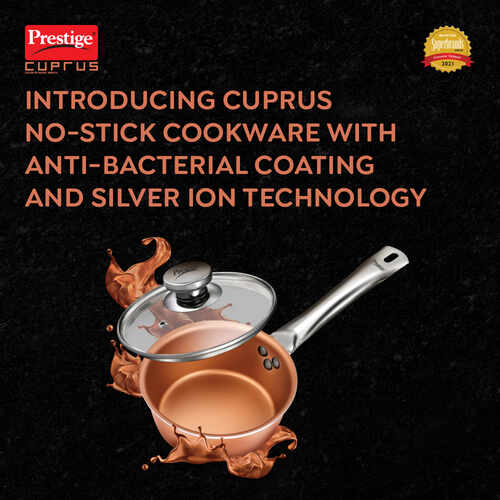 Prestige Cuprus Aluminium Gas and Induction Compatible Non-Stick Sauce Pan with Glass Lid, 16 cm, 1.1 L (Copper)
