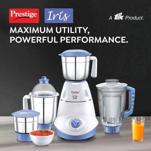 Prestige Iris 750 Watt Mixer Grinder with 4 Jars (3 Stainless Steel + 1 Juicer) | Super Efficient SS Blades | White | 2Y Warranty | ISI Certified