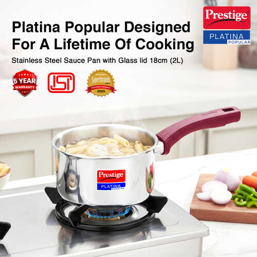 Prestige Platina Popular Stainless Steel Unique Impact Forged Bottom Sauce Pan with Glass Lid (Silver)