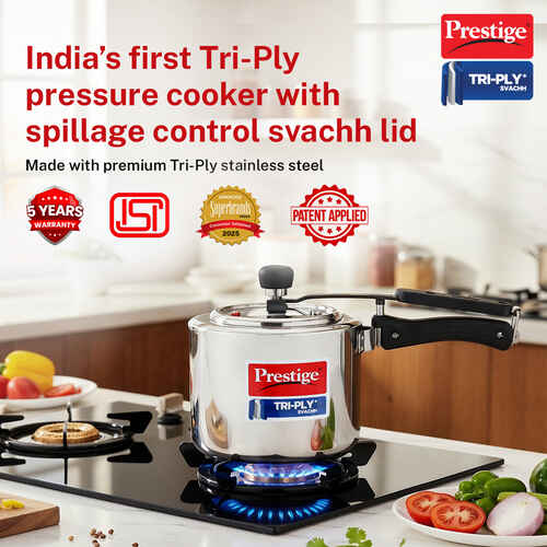 Prestige 3 Litre TRIPLY Svachh Inner Lid Pressure Cooker | Deep Lid for Spillage Control | Visual Pressure Indicator | Metallic Safety Plug | VPI | Gas & Induction Compatible | 5Y Warranty | ISI