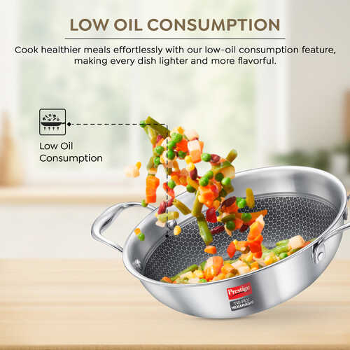 Prestige TRIPLY HexaMagic Kadai | Durable Honeycomb Non-Stick Structure | Low Oil Consumption | Metal Spoon Friendly | Gas & Induction Compatible | 15Y Product & 3Y Coating Warranty| ISI