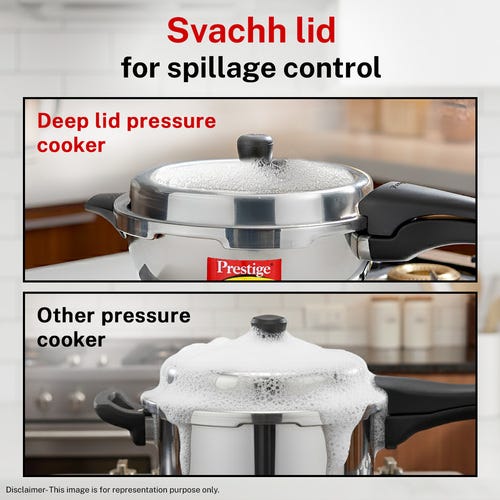 Prestige 4 Litre Stainless Steel Deluxe Alpha Svachh Outer Lid Senior Pressure Pan Cooker | 10Y Warranty| Deep Lid for Spillage Control | TRIPLY Base | GRS | Gas & Induction Compatible | ISI