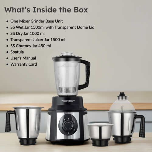 Prestige Endura 1000 Watt Mixer Grinder with 4 Jars | Heavy-Duty Ball Bearing Copper Motor | 3 Stainless Steel + 1 Juicer | Super Efficient SS Blades | Black | 5Y Motor Warranty