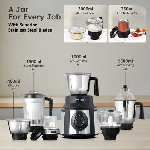 Prestige Endura 1000 W Mixer Grinder, 6 Jars (1500 ml, 1000 ml, 1500 ml, 450 ml) (Black, Silver)