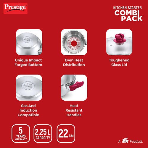 Prestige Nakshatra Alpha Gas and Induction Compatible Pressure Cooker (3.5 L) + Platina Popular Kadai with Glass Lid, 22 cm (2.25 L) Kitchen Set