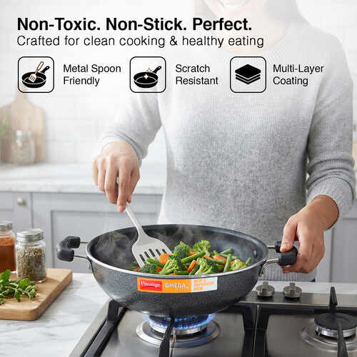 Prestige Omega Select Plus Non-stick Kitchen Set (Omni Tawa 27.5cm, Fry Pan 25cm, Kadai with Lid 25cm) (Black)