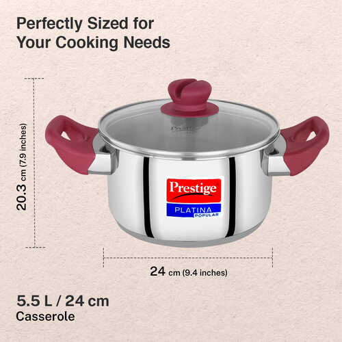 Prestige Platina Popular Stainless Steel Unique Impact Forged Bottom Casserole with Glass Lid, 24cm (5.5 L) (Silver)