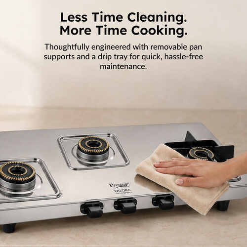 Prestige Valora Stainless Steel L.P. Gas Stove (With Stainless Steel Body and 3 Unit Brass Burners)