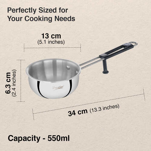 Prestige 13cm/550ml Tri-Ply Stainless Steel Splendor Tadka Pan|Gas & Induction Compatible| Rimmed Edge| In-Built Stand| Heat Resistance Handle| Thick Gauge| Life Time Warranty