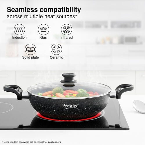 Prestige Svachh Granite Non-Stick 3-Piece Set Cookware |Dual Non-Stick Delight|Omni Tawa -28cm Dia, Kadai with GlassLid -24cm Dia, Fry Pan -24cm Dia|Gas and Induction Compatible|Metal Spoon Friendly