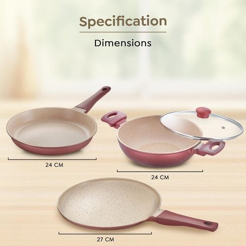 Prestige Omega Die Cast Aluminium Non-Stick Combo Cookware Set of 3-Omni Tawa 27cm, Fry Pan 24cm, Kadai 24cm with Glass Lid Maroon
