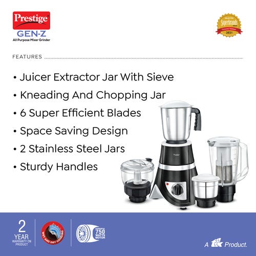 Prestige GEN-Z 750 W All Purpose Juicer Mixer Grinder, 4 Jars (1500 ml, 1500 ml, 500 ml) (Black)