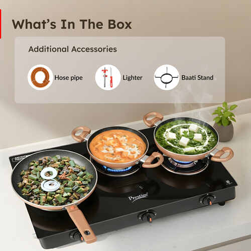 PRESTIGE ATLAS PLUS LP GAS STOVE 1 U GTA-03+ (WITH POWDER COATED BODY, GLASS TOP AND 2 U BRASS BURNERS) & L. P. GAS HOSE (WITH STEEL WIRE RE-INFORCED-1.5m)1 U & GAS LIGHTER PGL 03 1 U & KNIFE 1 U FREE