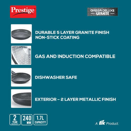 Prestige Omega Deluxe Granite Non-stick Round Base Fry Pan with Glass Lid (Black)