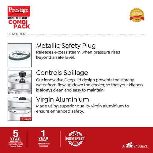 Prestige Kitchen Starter Pack (Popular Svachh 5 Ltr + 3 Ltr Body without Lid + Fry Pan 20Cm + Tawa 27.5Cm)