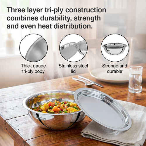 Prestige 16cm/0.9L Tri-Ply Stainless Steel Splendid Tasla with Lid|Gas and Induction Compatible|Even Heat Distribution| Thick Gauge Tri-Ply Body|15 Year Warranty