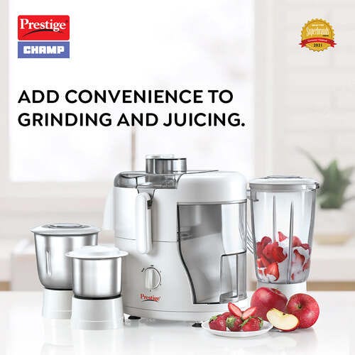 Prestige 550 Watts Champ Juicer Mixer Grinder with 3 Jars (2 Stainless Steel Jars + 1 Juicer Jar)| Detachable Pulp Collector| Stainless Steel Sieve| Double Lock System|White