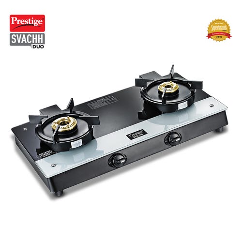 Prestige Svachh Duo Toughened Glasstop Gas Stove with Liftable Burners (Black)