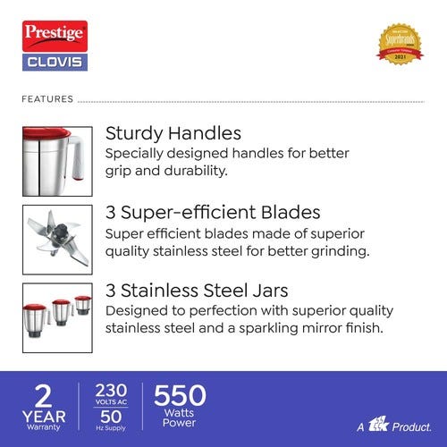 Prestige Clovis 550 W Mixer Grinder, 3 Jars (1500 ml, 1000 ml, 300 ml) (Red, Silver)