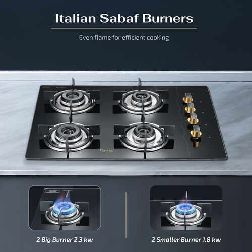 Prestige Efficia Convertible Hob Gold Series L P Gas Hob (Efficia 04 AI Gold with Glass Top, 4 Burners & Auto Ignition)