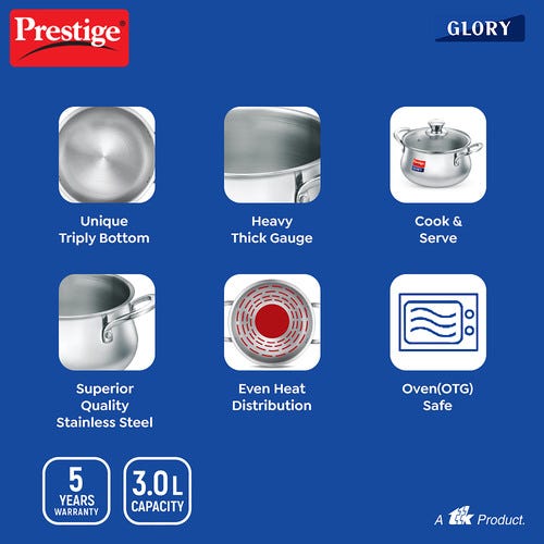 Prestige Glory Stainless Steel Cookware Handi With Glass Lid