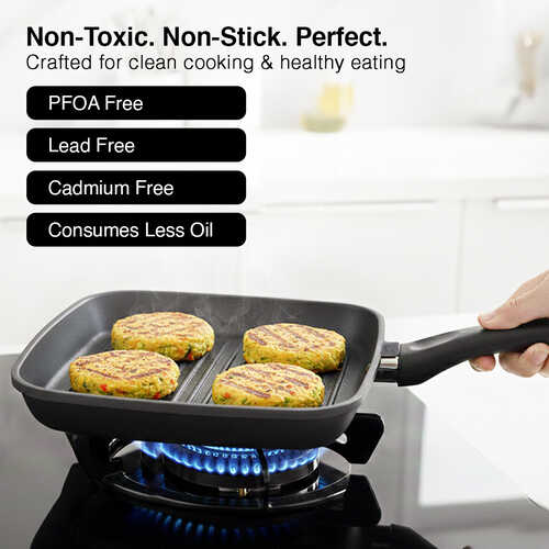 Prestige Omega Die Cast + Aluminium Non-Stick Square Grill Pan 24cm 3-Layer Easy Release Coating|Thick 5.5 mm Base|Induction Base|Die-Cast Body|Black